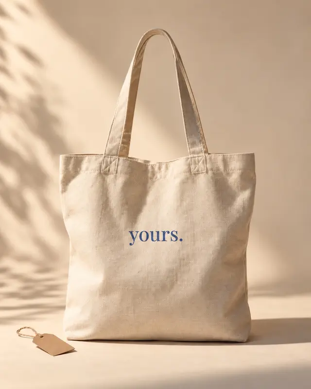 Canvas tote with a small cobalt yours print worked into the fabric